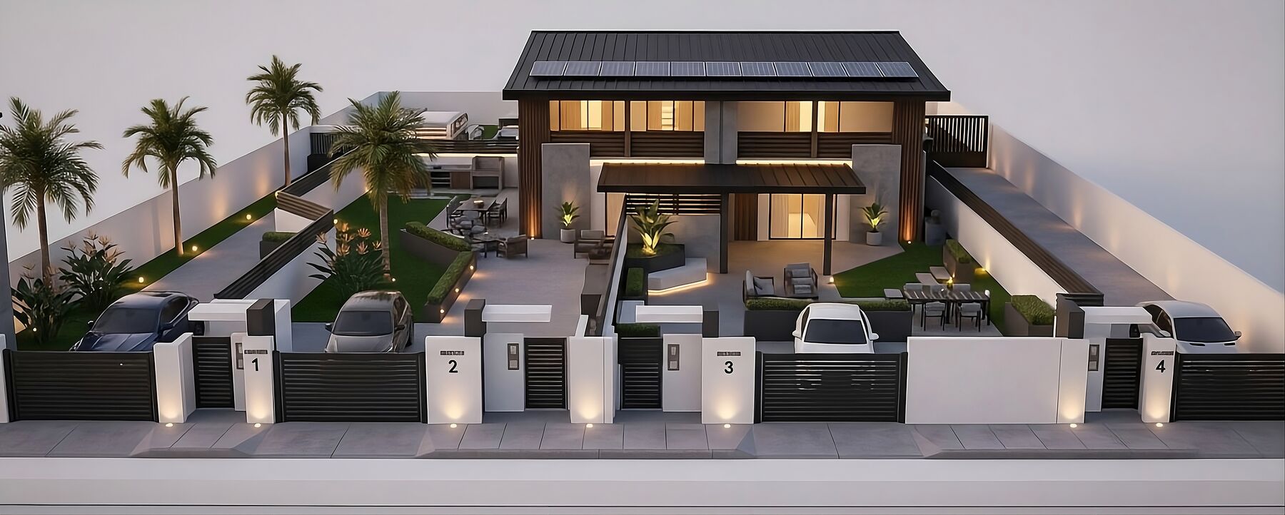 Vista frontale dei quattro villini Nova Biohouse con ingressi indipendenti, recinzioni moderne e giardini privati
