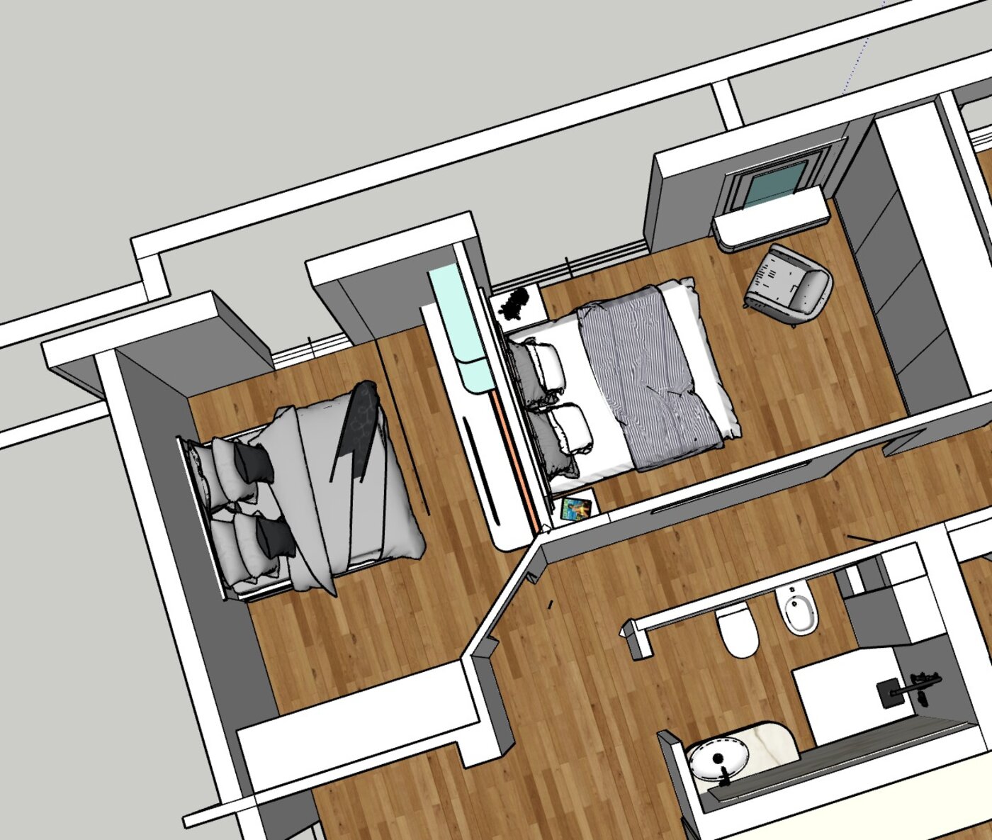 Vista 3D della zona notte con due camere matrimoniali e bagno